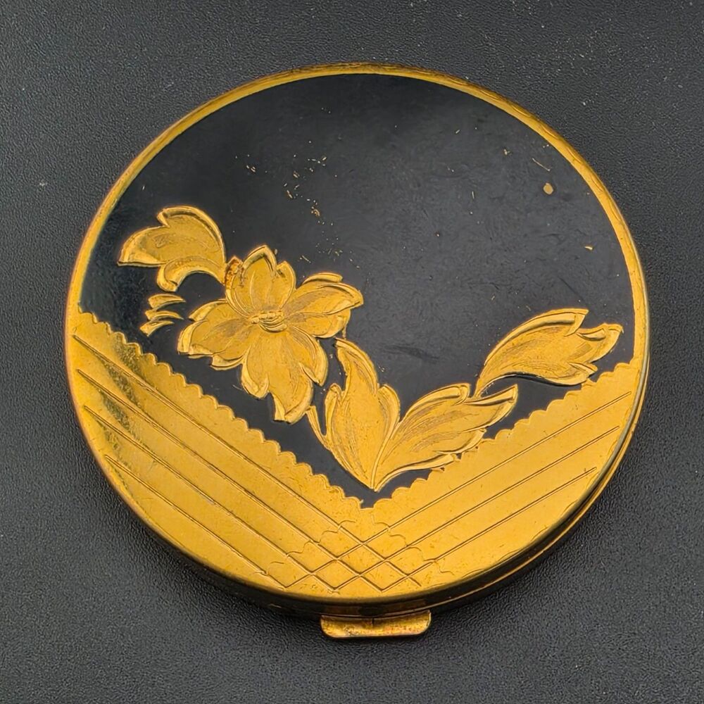 Vintage Bell Fifth Ave Black Enamel 🌼Flower Gold Plated Compact 2.75"